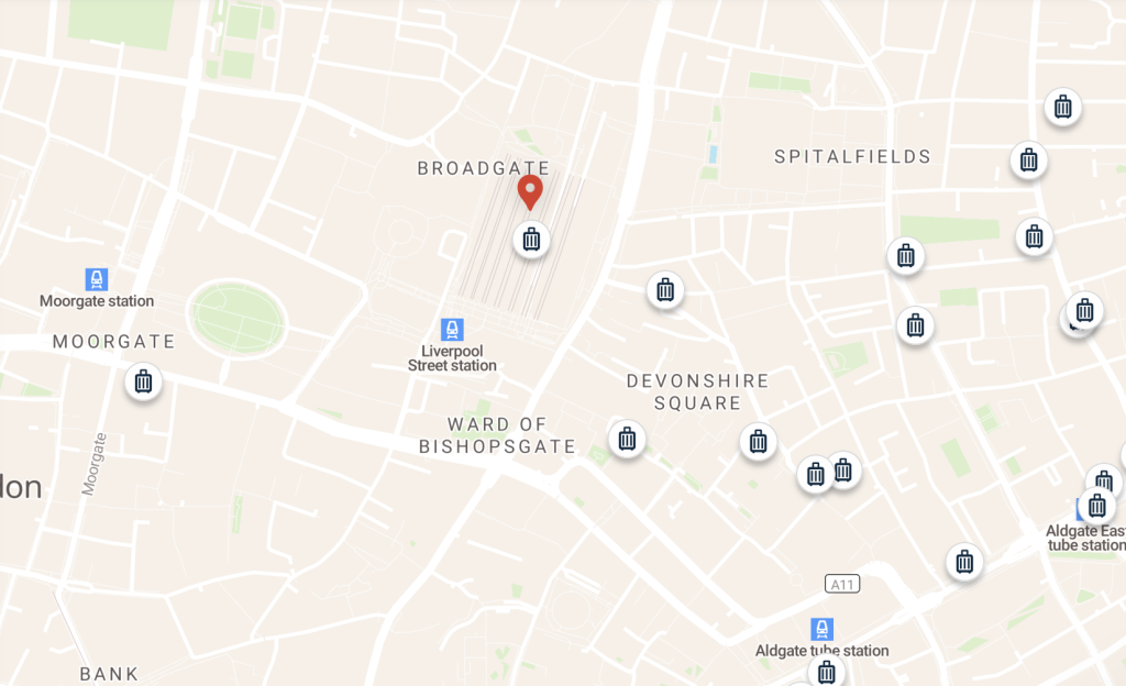 London Liverpool Street Station map of luggage storage options